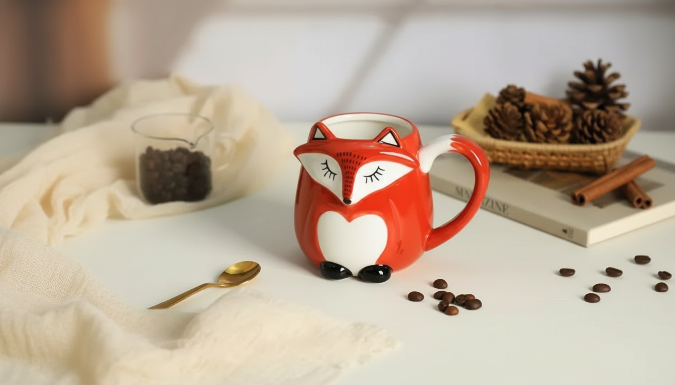 Cute 330ml Ceramic Fox Mug with Lid for Coffee & Tea