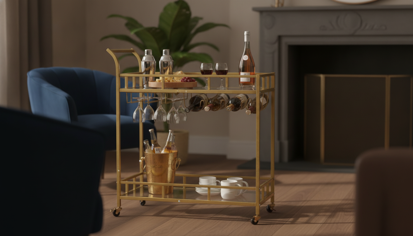 Gold Bar Cart with Locking Casters & Glass Shelves